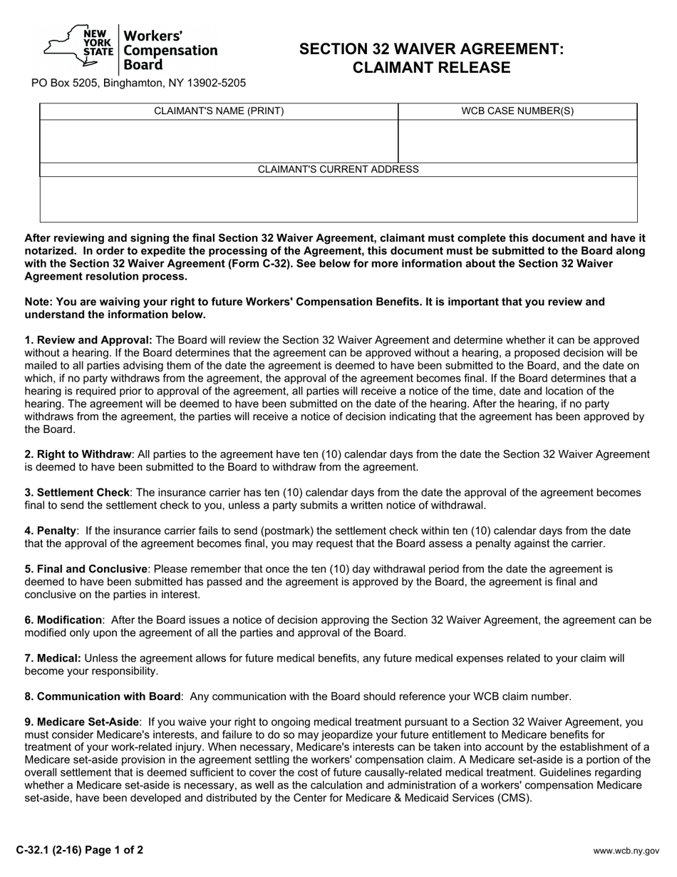 Form C-32.1 Section 32 Waiver Agreement: Claimant Release - New York, Page 1