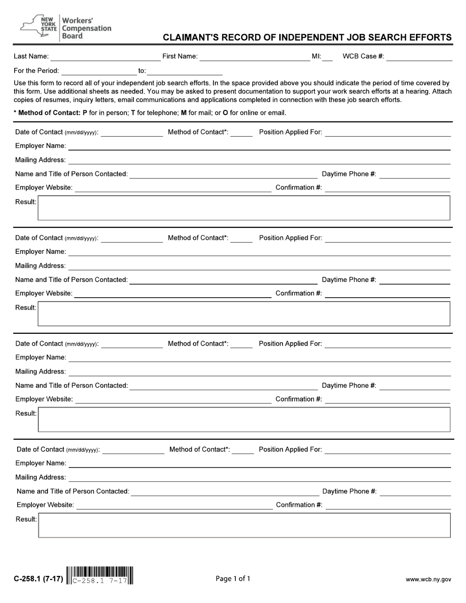 Form C-258.1 Claimants Record of Independent Job Search Efforts - New York, Page 1