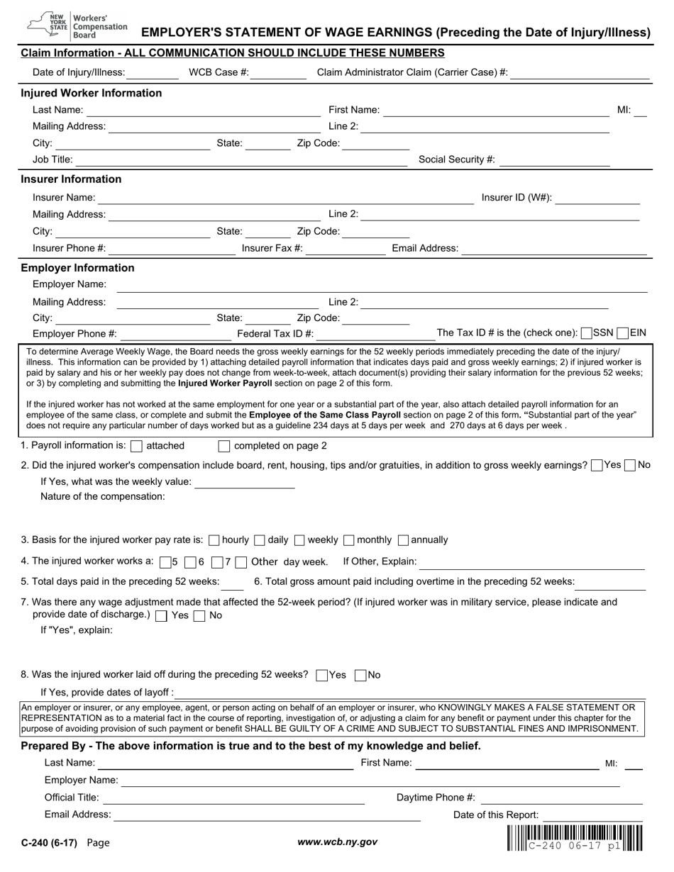 Form C-240 Employer's Statement of Wage Earnings (Preceding the Date of Injury/Illness) - New York, Page 1