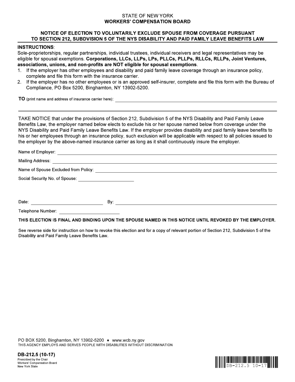 Form DB-212.5 Notice of Election to Voluntarily Exclude Spouse From Coverage Pursuant to Section 212, Subdivision 5 of the NYS Disability and Paid Family Leave Benefits Law - New York, Page 1