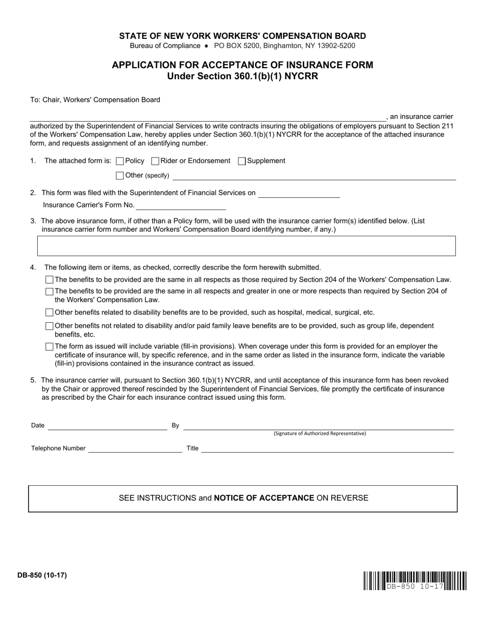 Form DB-850 Application for Acceptance of Insurance Form Under Section 360.1(B)(1) Nycrr - New York, Page 1