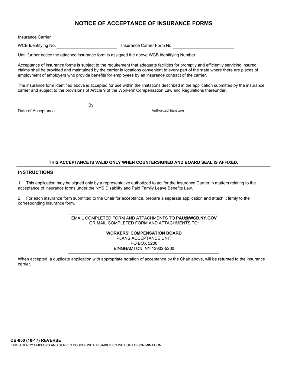 Form DB-850 Application for Acceptance of Insurance Form Under Section 360.1(B)(1) Nycrr - New York, Page 2