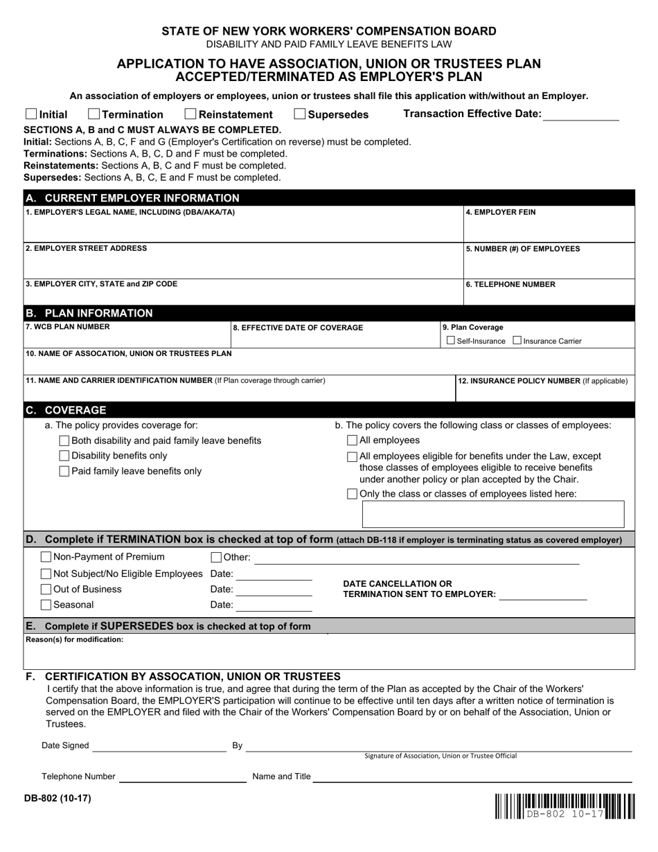 Form DB-802 Application to Have Association, Union or Trustees Plan Accepted / Terminated as Employers Plan - New York, Page 1