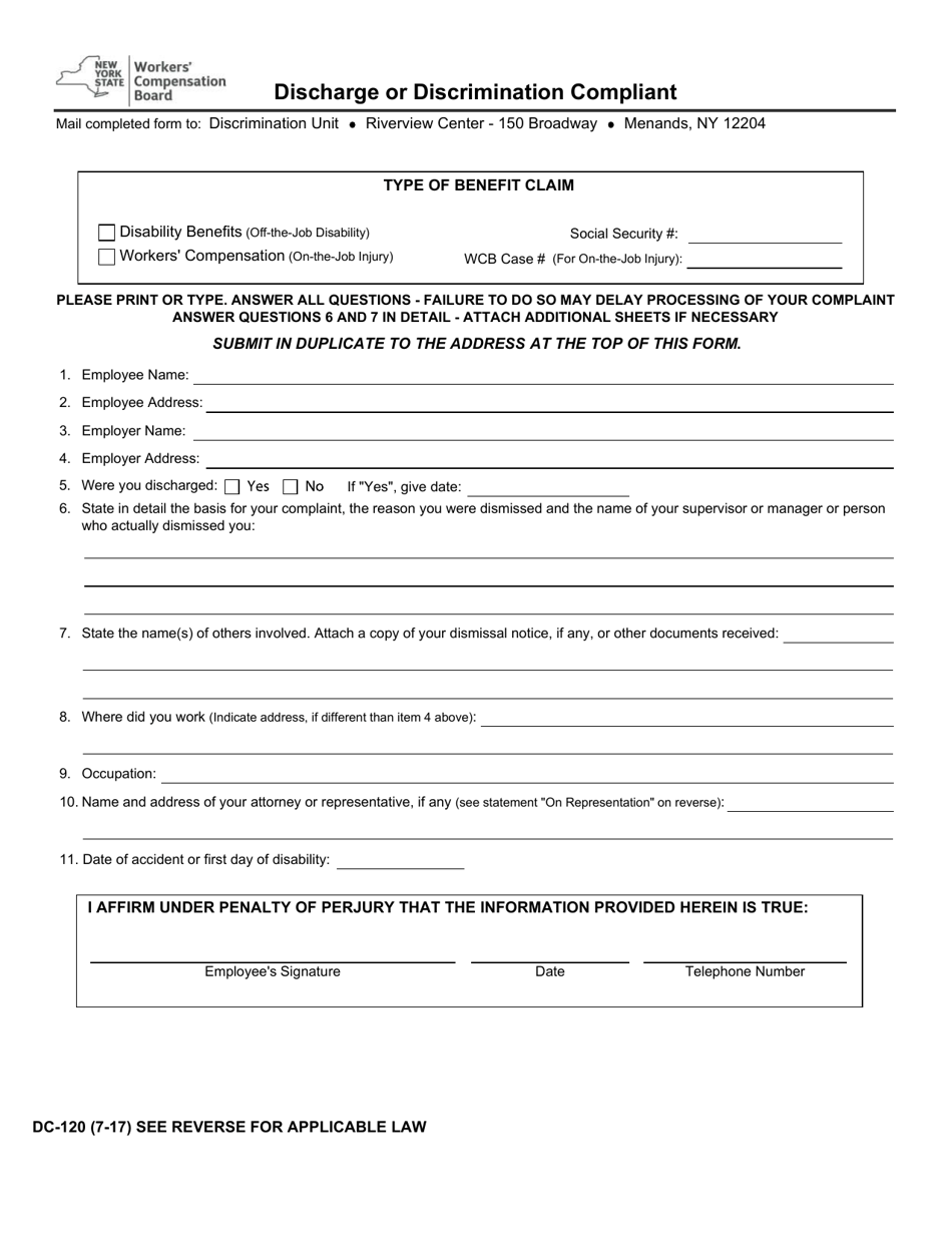 Form DC-120 Discharge or Discrimination Complaint - New York, Page 1