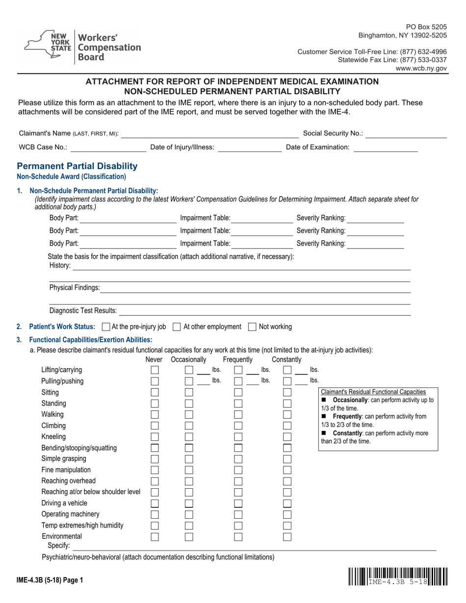 Form IME-4.3B Attachment for Report of Independent Medical Examination Non-scheduled Permanent Partial Disability - New York, Page 1