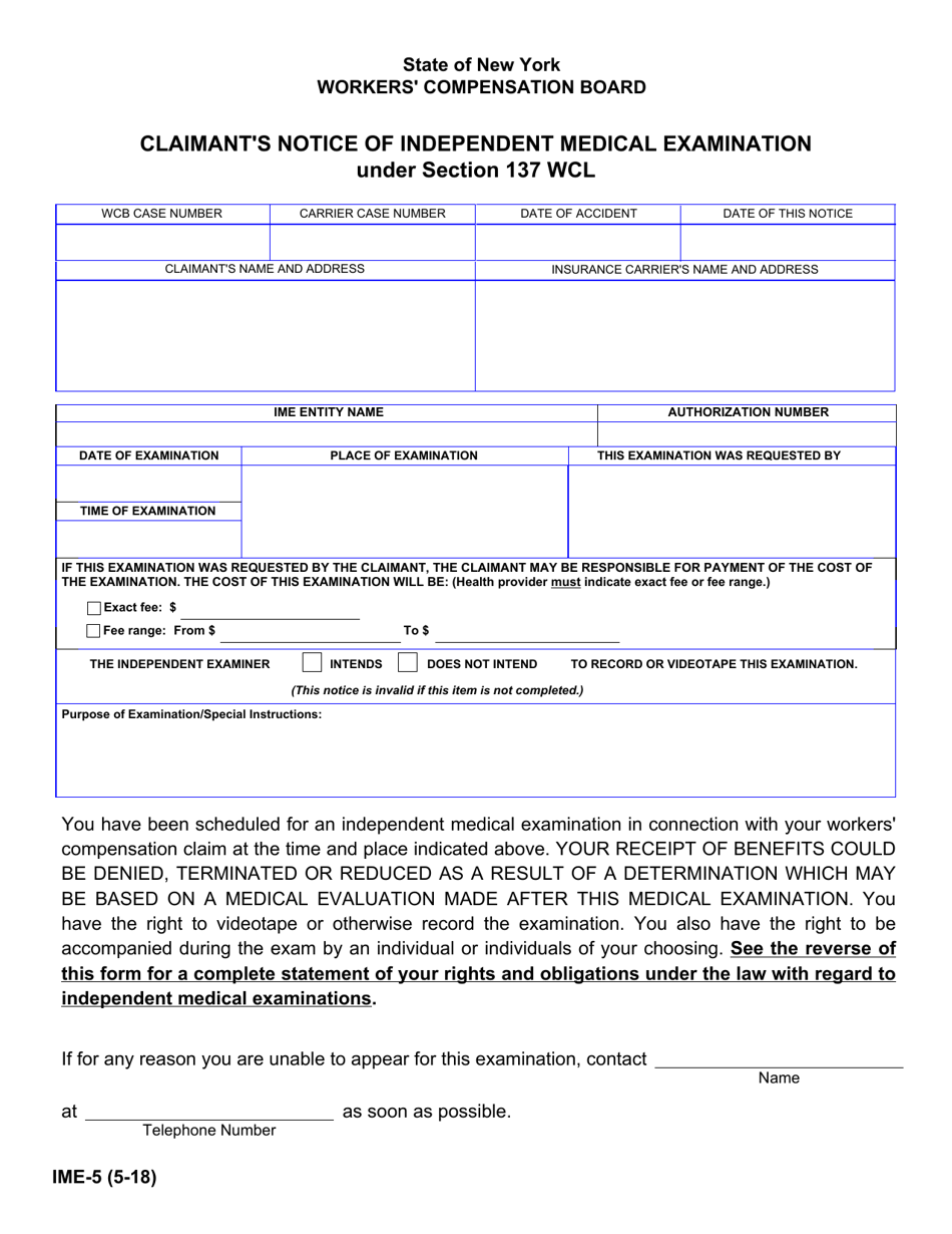 Form IME-5 Claimants Notice of Independent Medical Examination - New York, Page 1