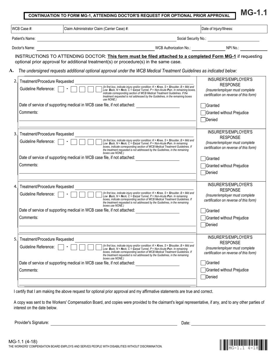 Form MG-1.1 Continuation to Form Mg-1, Attending Doctors Request for Optional Prior Approval - New York, Page 1