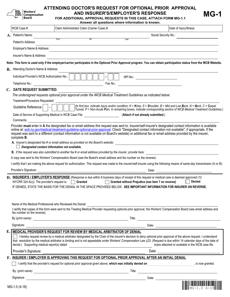 Form MG-1 Attending Doctors Request for Optional Prior Approval and Carriers / Employers Response - New York, Page 2