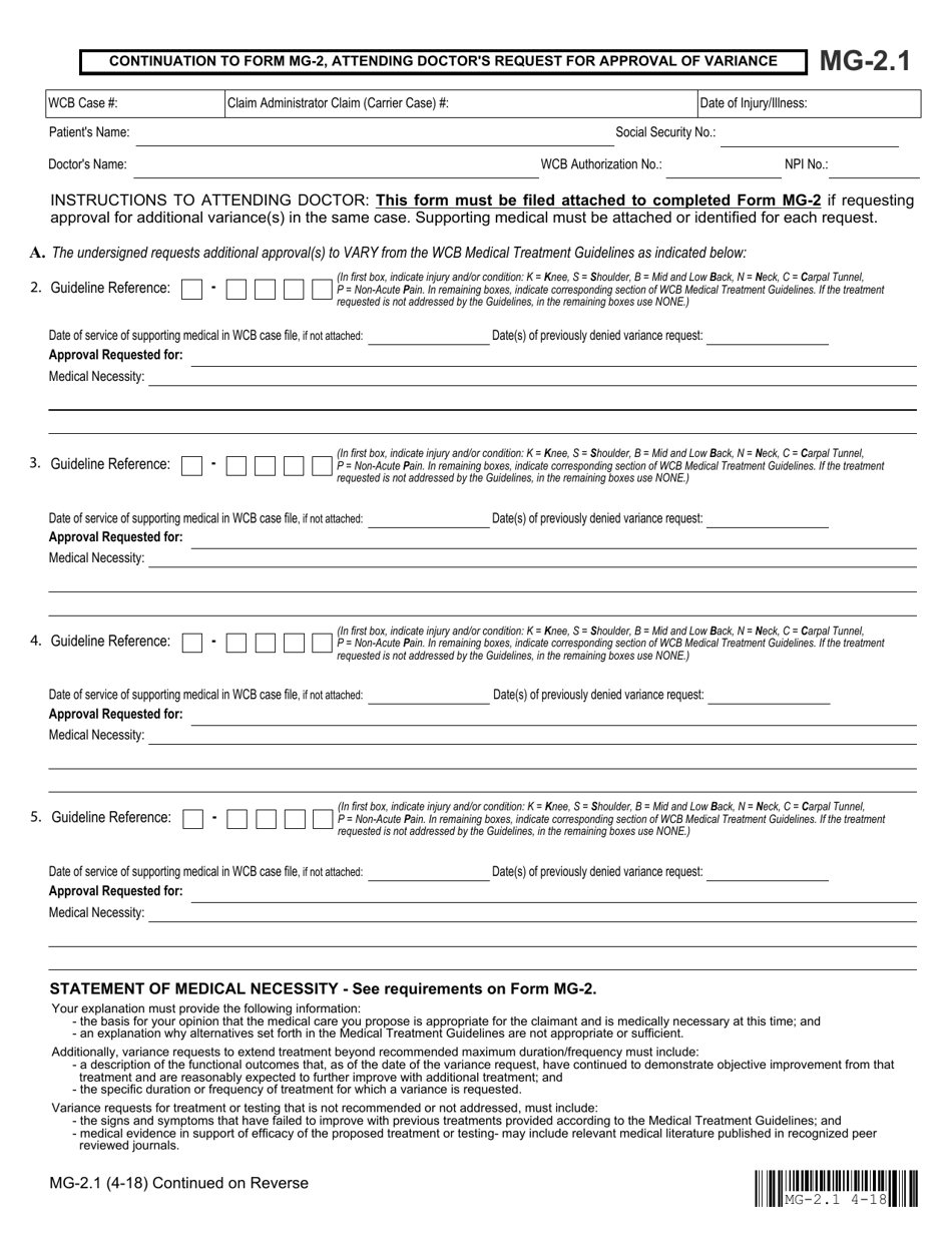 Form MG-2.1 Continuation to Form Mg-2, Attending Doctors Request for Approval of Variance - New York, Page 1