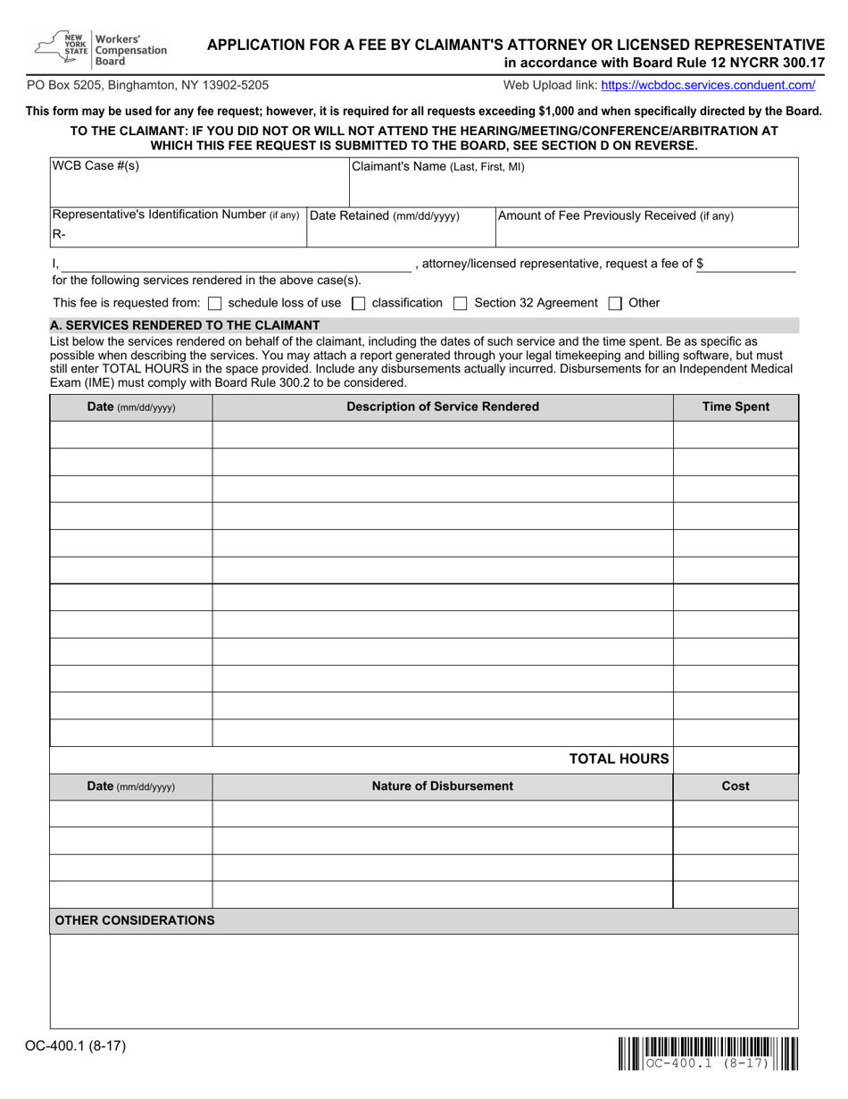 Form OC-400.1 Application for a Fee by Claimants Attorney or Licensed Representative - New York, Page 1