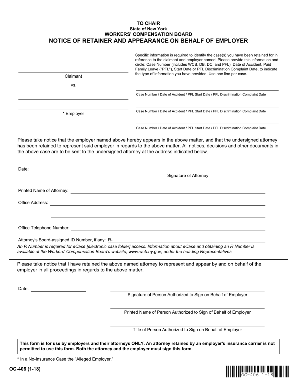 Form OC-406 Notice of Retainer and Appearance on Behalf of Employer - New York, Page 1
