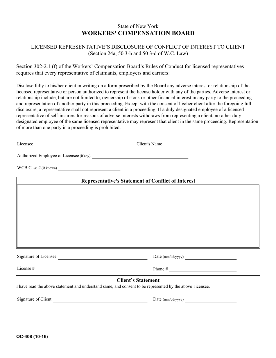 Form OC-408 Licensed Representatives Full Disclosure of Conflict of Interest to Client - New York, Page 1