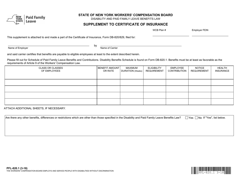 Form PFL-820.1 Supplement to Certificate of Insurance - New York, Page 1