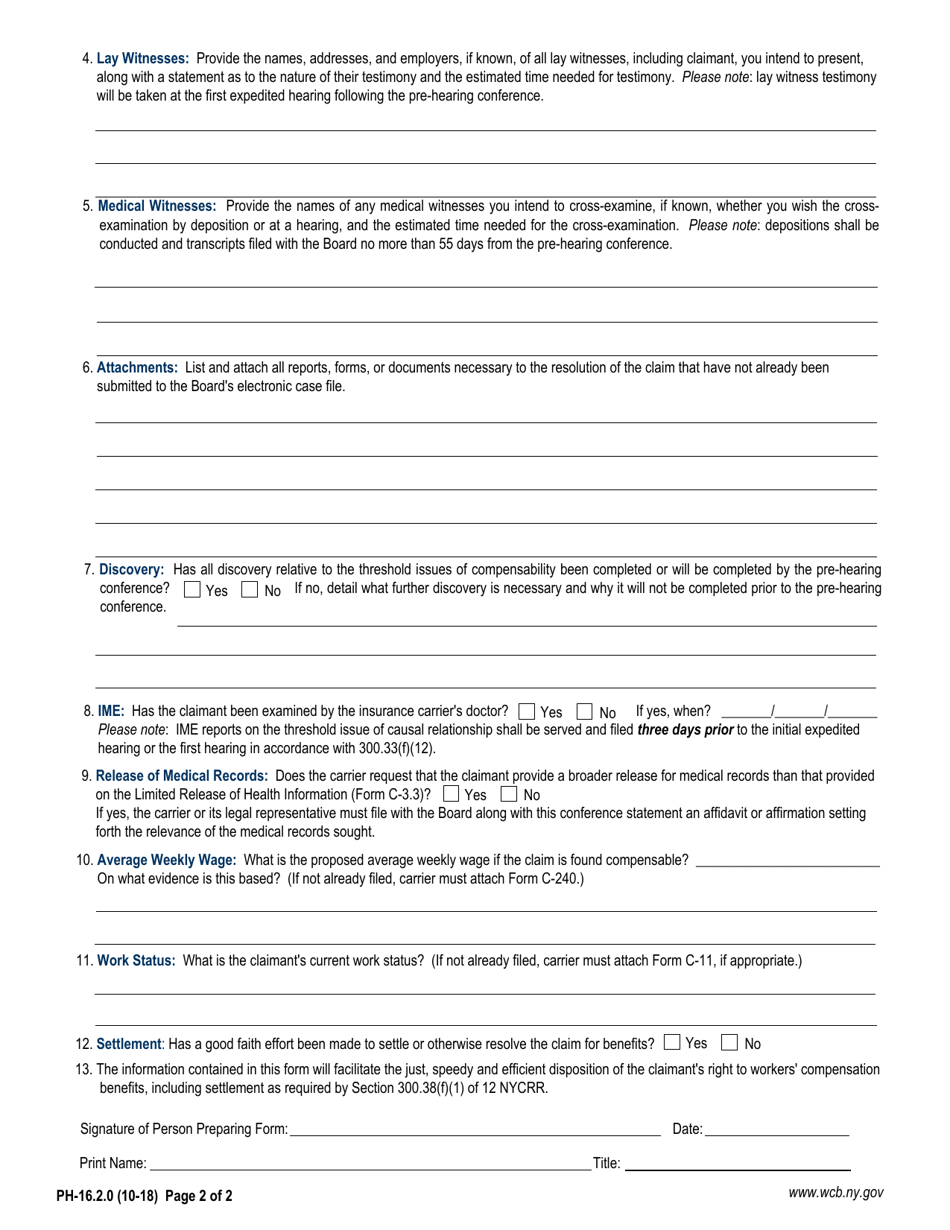 Form PH-16.2 Pre-hearing Conference Statement - New York, Page 2
