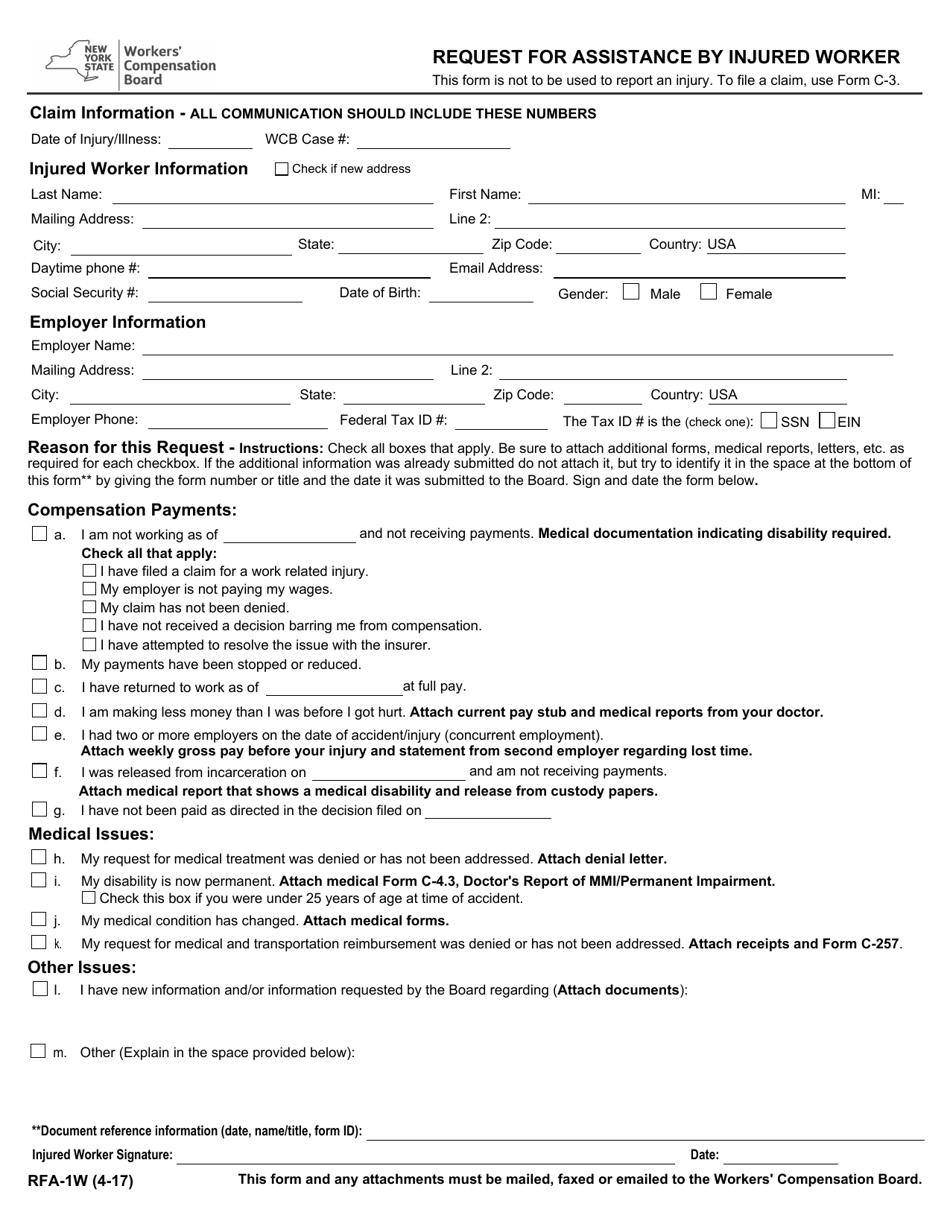 Form RFA-1W Request for Assistance by Injured Worker - New York, Page 1