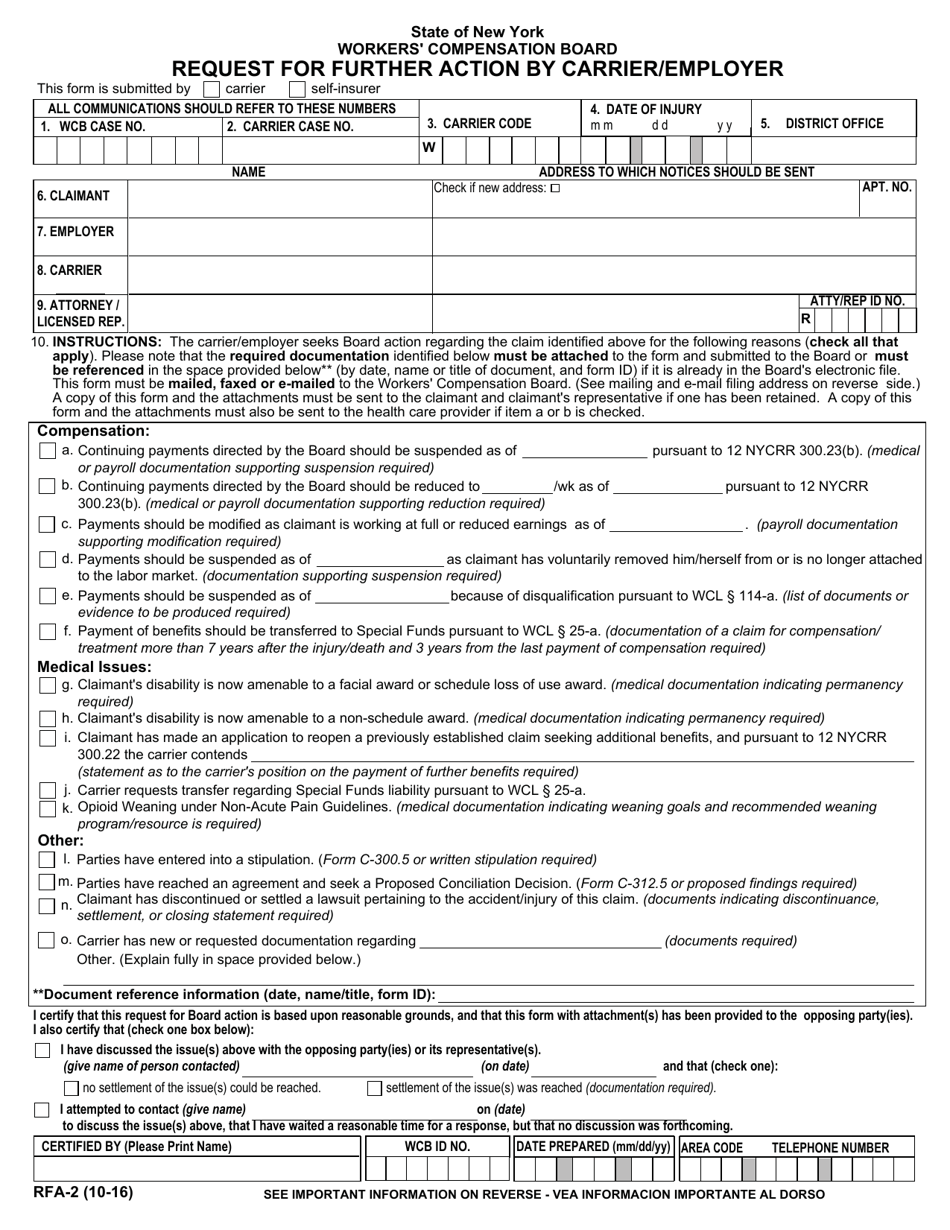 Form RFA-2 Request for Further Action by Carrier / Employer - New York, Page 1