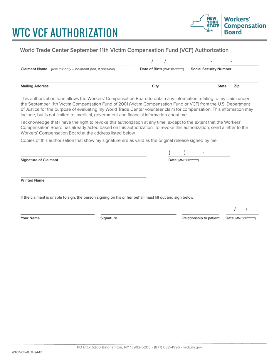 Form WTC-VCF-AUTH World Trade Center September 11th Victim Compensation Fund (Vcf) Authorization - New York, Page 1