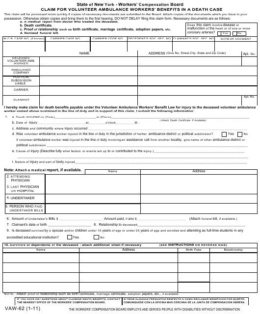 Form Vaw-62 Download Fillable Pdf Or Fill Online Claim For Volunteer 