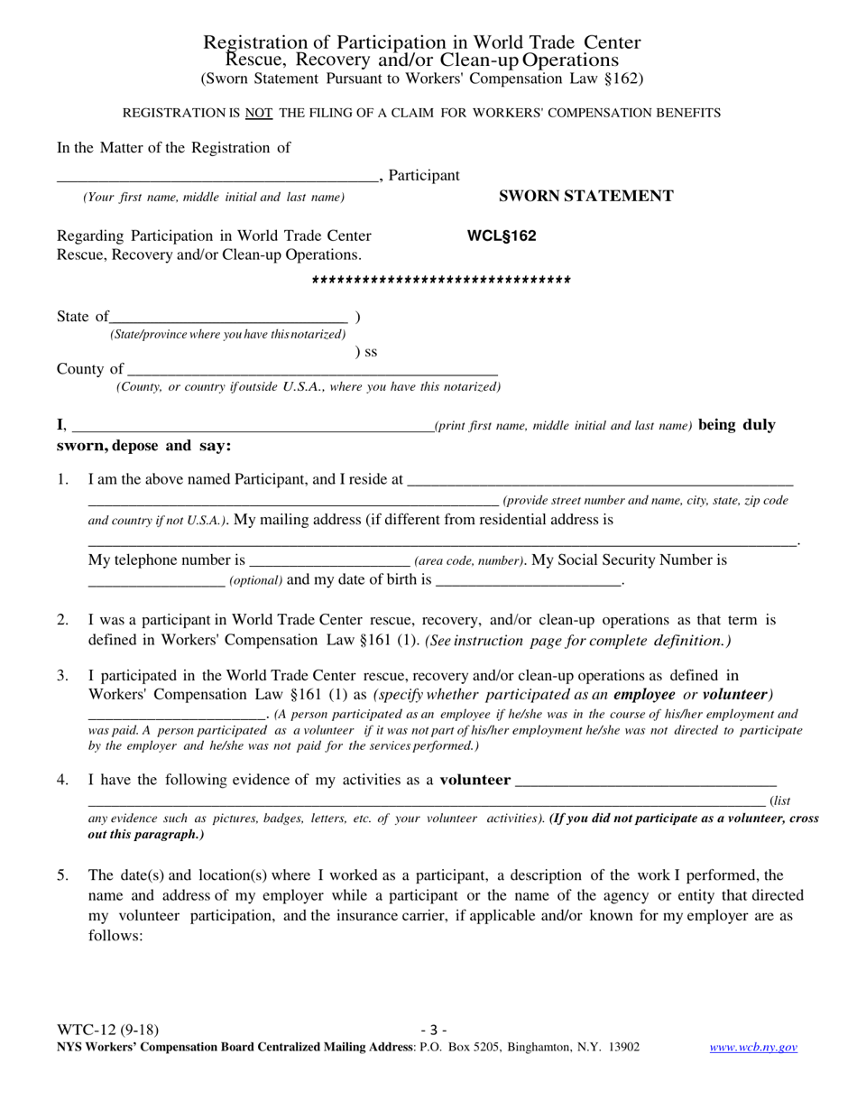Form WTC-12 Registration of Participation in World Trade Center Rescue, Recovery and / or Clean-Up Operations - New York, Page 3