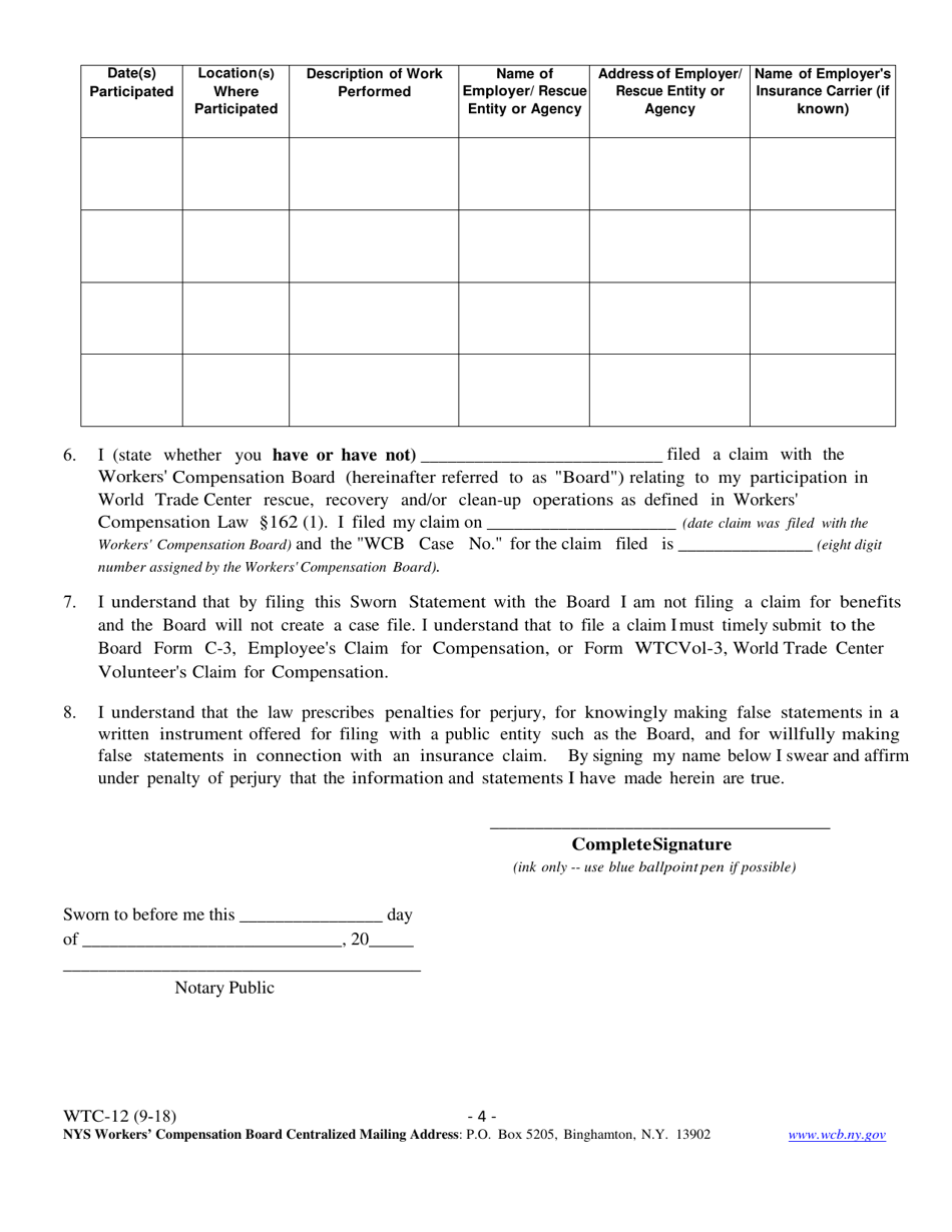 Form WTC-12 Registration of Participation in World Trade Center Rescue, Recovery and / or Clean-Up Operations - New York, Page 4