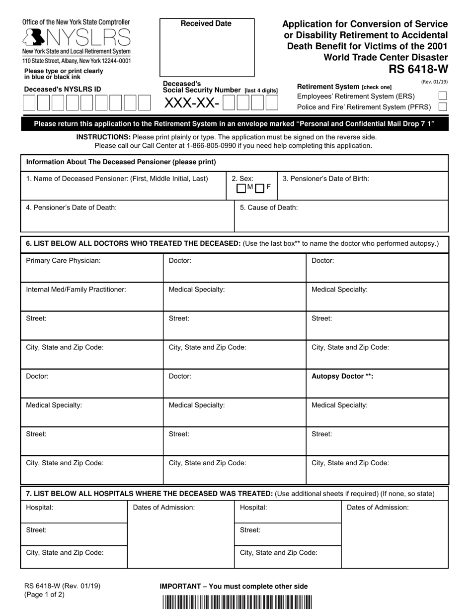 Form RS6418-W Application for Conversion of Service or Disability Retirement to Accidental Death Benefit for Victims of the 2001 World Trade Center Disaster - New York, Page 1