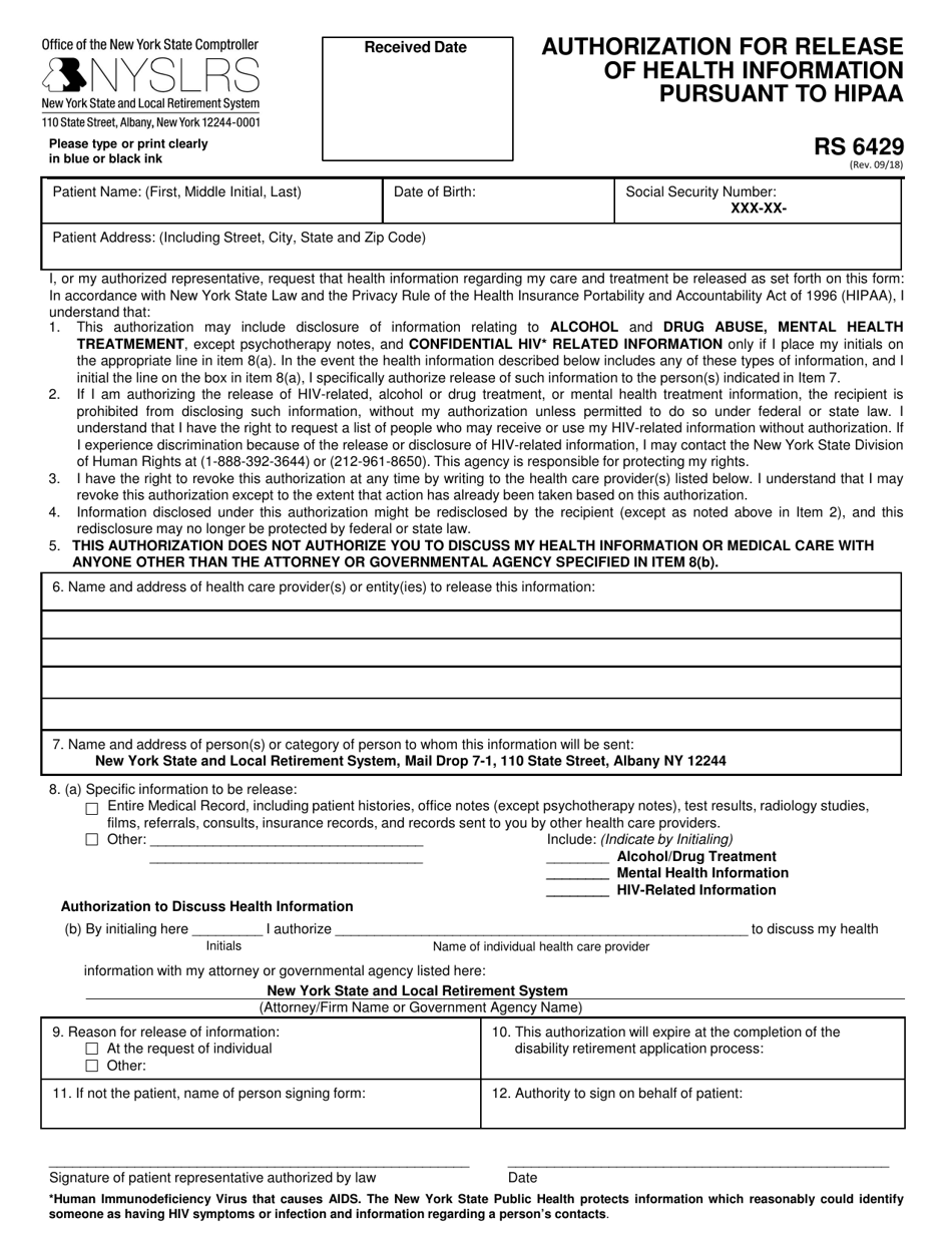 Form RS6429 Authorization for Release of Health Information Pursuant to Hipaa - New York, Page 1