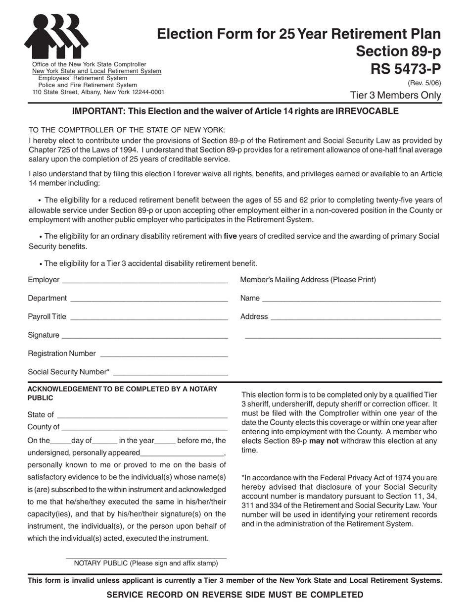 Form RS5473-P Election Form for 25-year Retirement Plan for Tier 3 Sheriffs, Undersheriffs, Deputy Sheriffs and Correction Officers (Section 89-p) - New York, Page 1