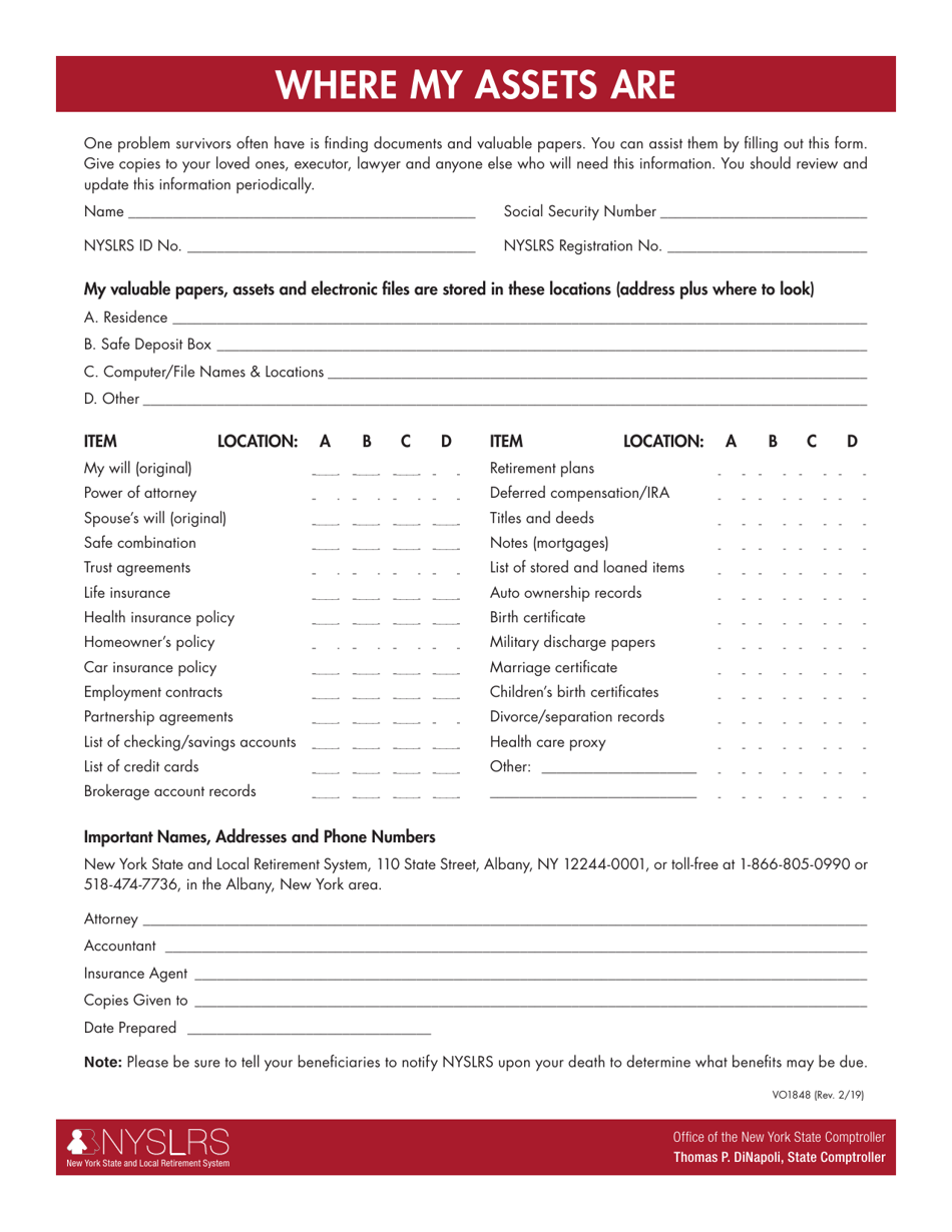 Form VO1848 Where My Assets Are - New York, Page 1