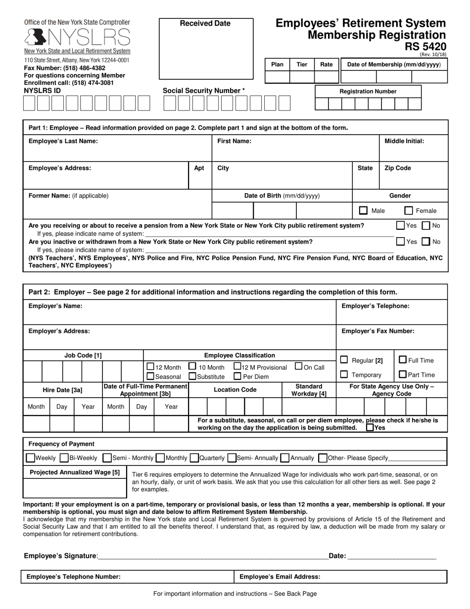 Form RS5420 Employees Retirement System Membership Registration - New York, Page 1