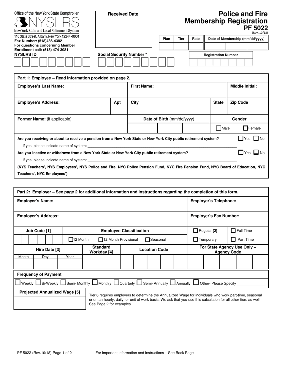 Form PF5022 Police and Fire Membership Registration - New York, Page 1
