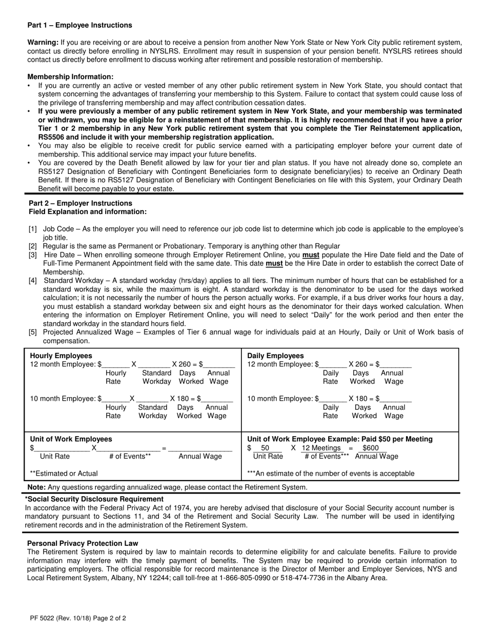 Form PF5022 Police and Fire Membership Registration - New York, Page 2