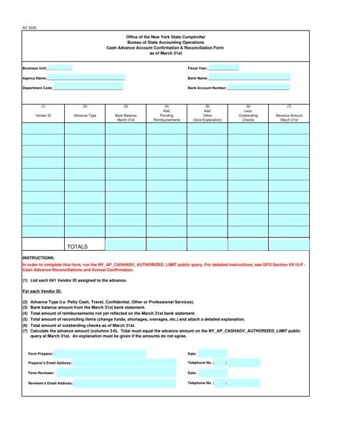 Form AC3329 Cash Advance Account Confirmation & Reconciliation Form - New York
