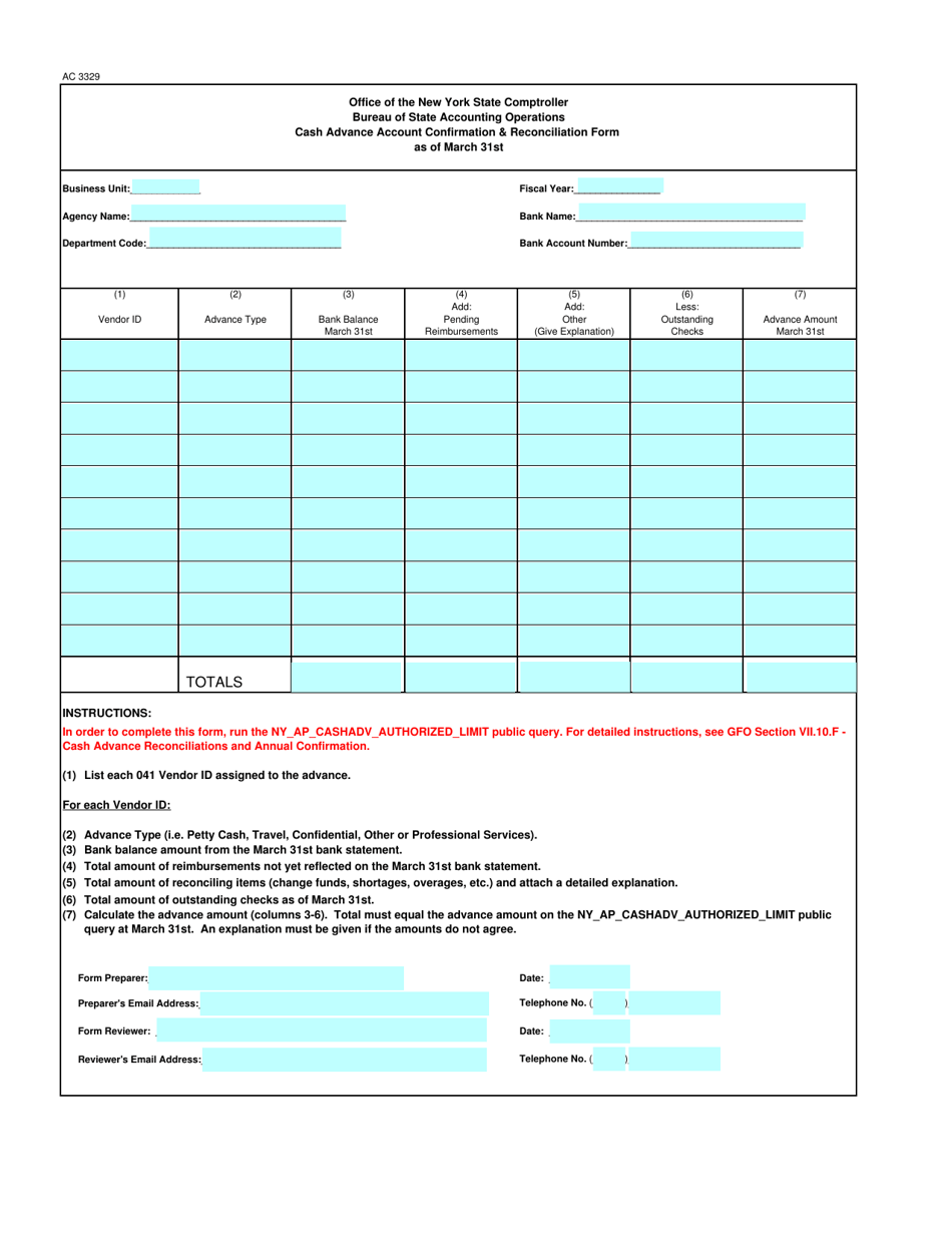 Form AC3329 Cash Advance Account Confirmation  Reconciliation Form - New York, Page 1