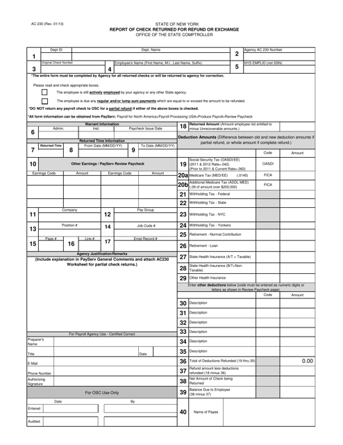 Form AC230 Report of Check Returned for Refund or Exchange - New York