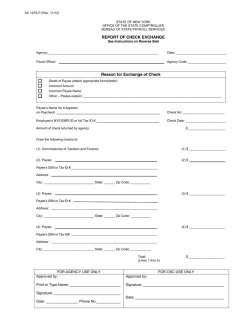Form AC1476-P Report of Check Exchange - New York