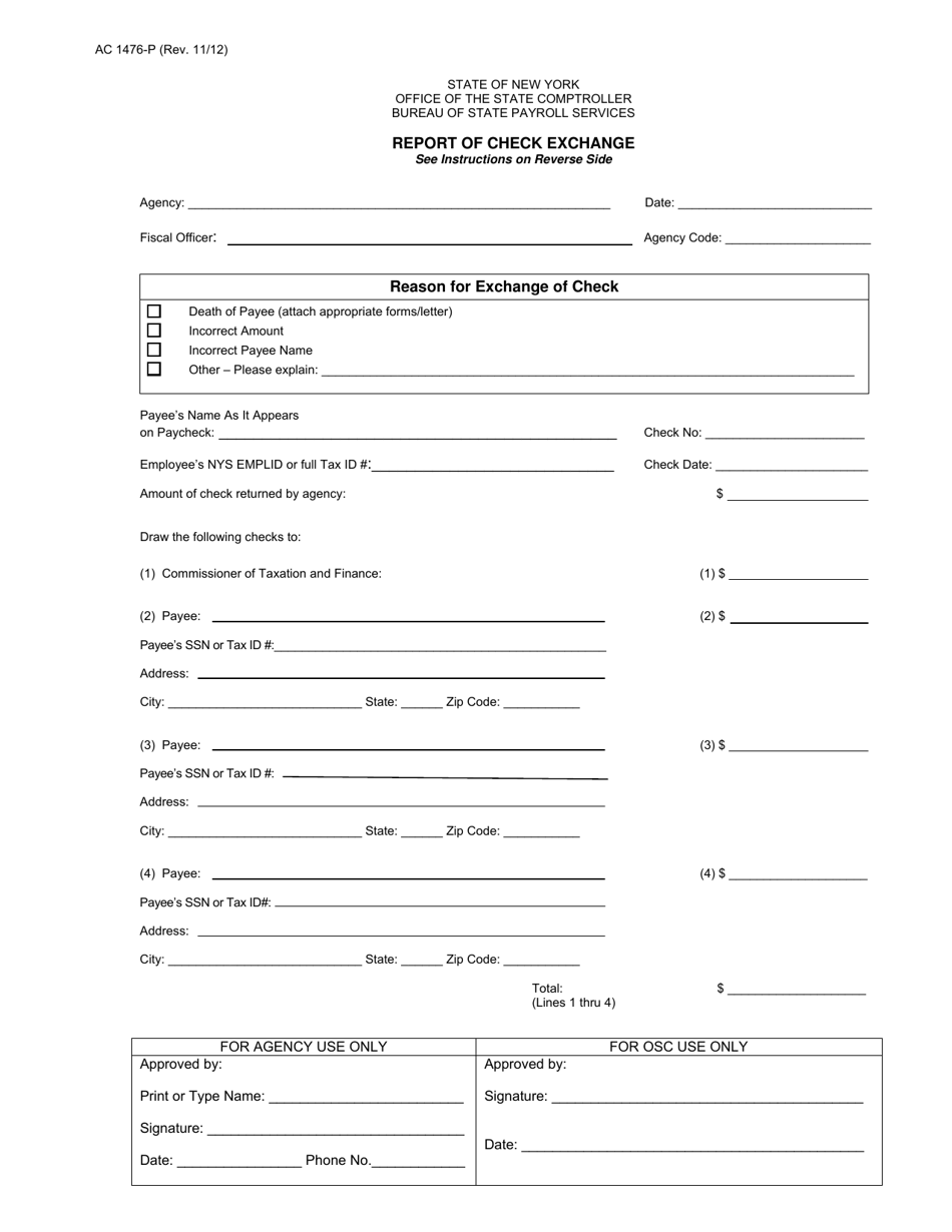 Form AC1476-P Report of Check Exchange - New York, Page 1