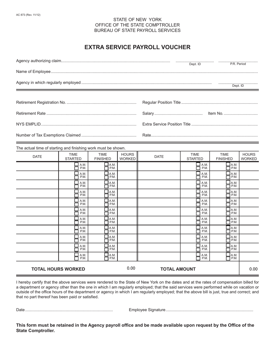 Form AC873 Extra Service Payroll Voucher - New York, Page 1