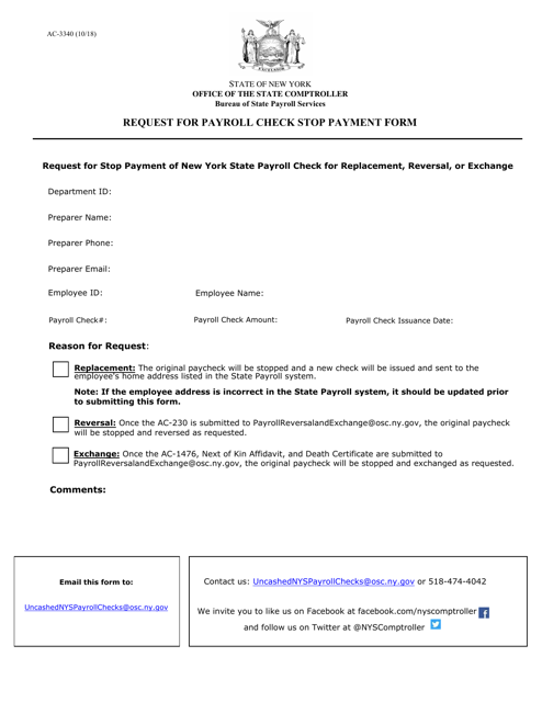 Form AC-3340 Request for Payroll Check Stop Payment Form - New York