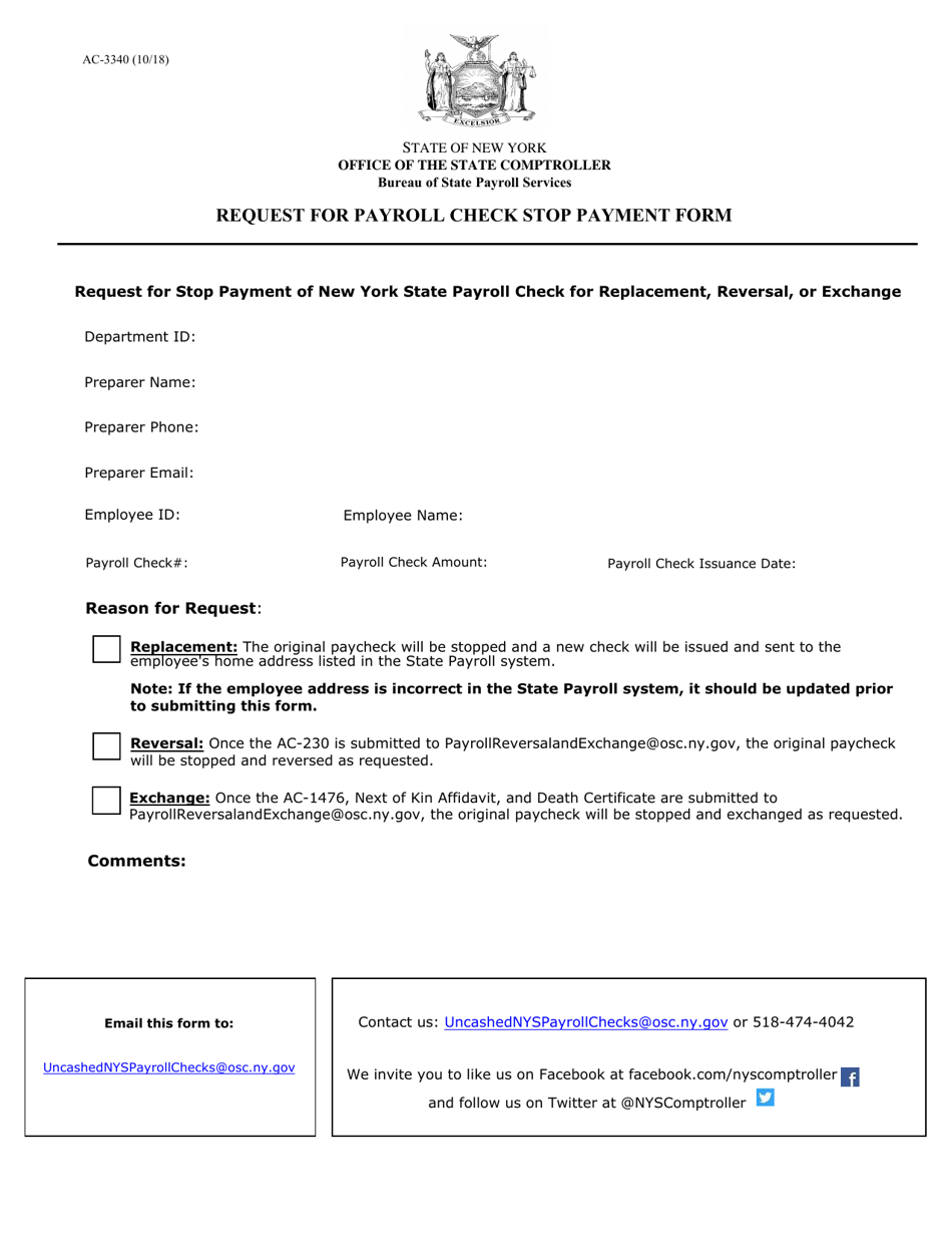 Form AC-3340 Request for Payroll Check Stop Payment Form - New York, Page 1