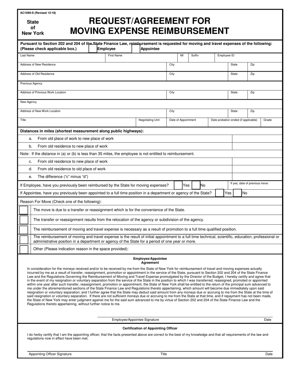 Form AC1099-S Request / Agreement for Moving Expense Reimbursement - New York, Page 1