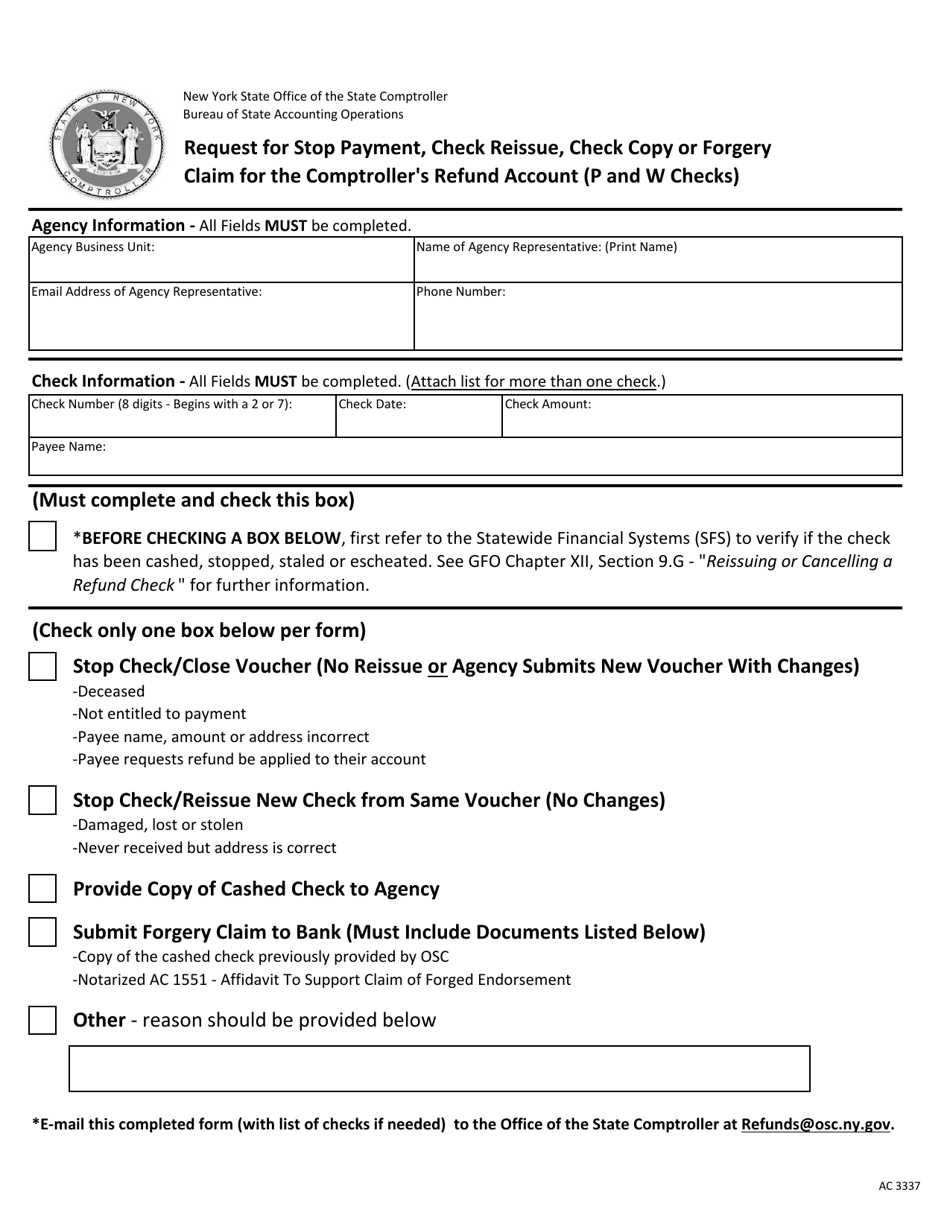 Form AC3337 Request for Stop Payment, Check Reissue, Check Copy or Forgery Claim for the Comptrollers Refund Account (P and W Checks) - New York, Page 1