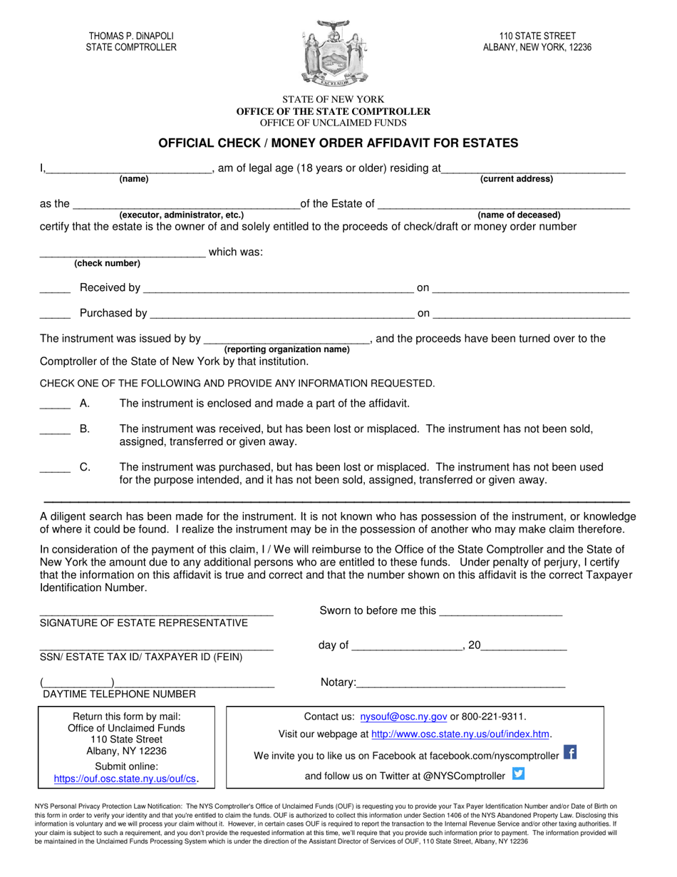 Official Check / Money Order Affidavit for Estates - New York, Page 1