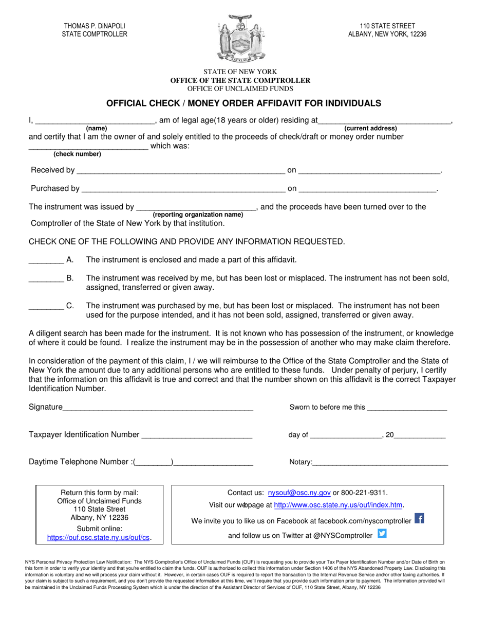 Official Check / Money Order Affidavit for Individuals - New York, Page 1