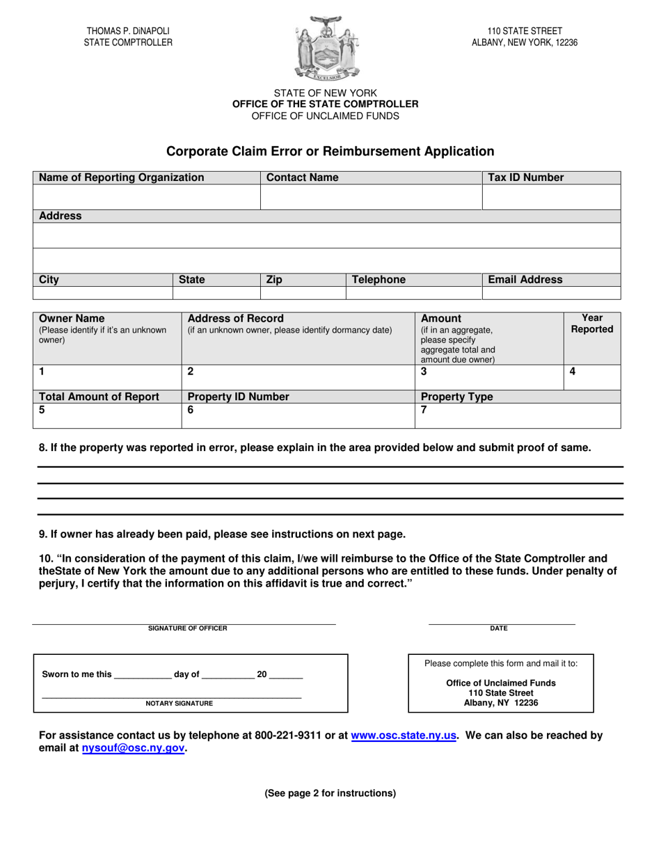 New York Corporate Claim Error or Reimbursement Application - Fill Out ...