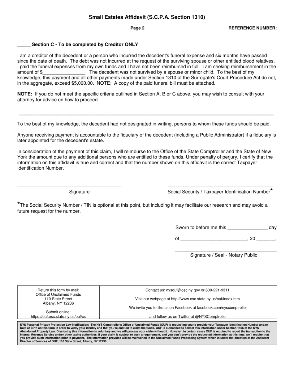 Small Estates Affidavit (S.c.p.a. Section 1310) - New York, Page 2