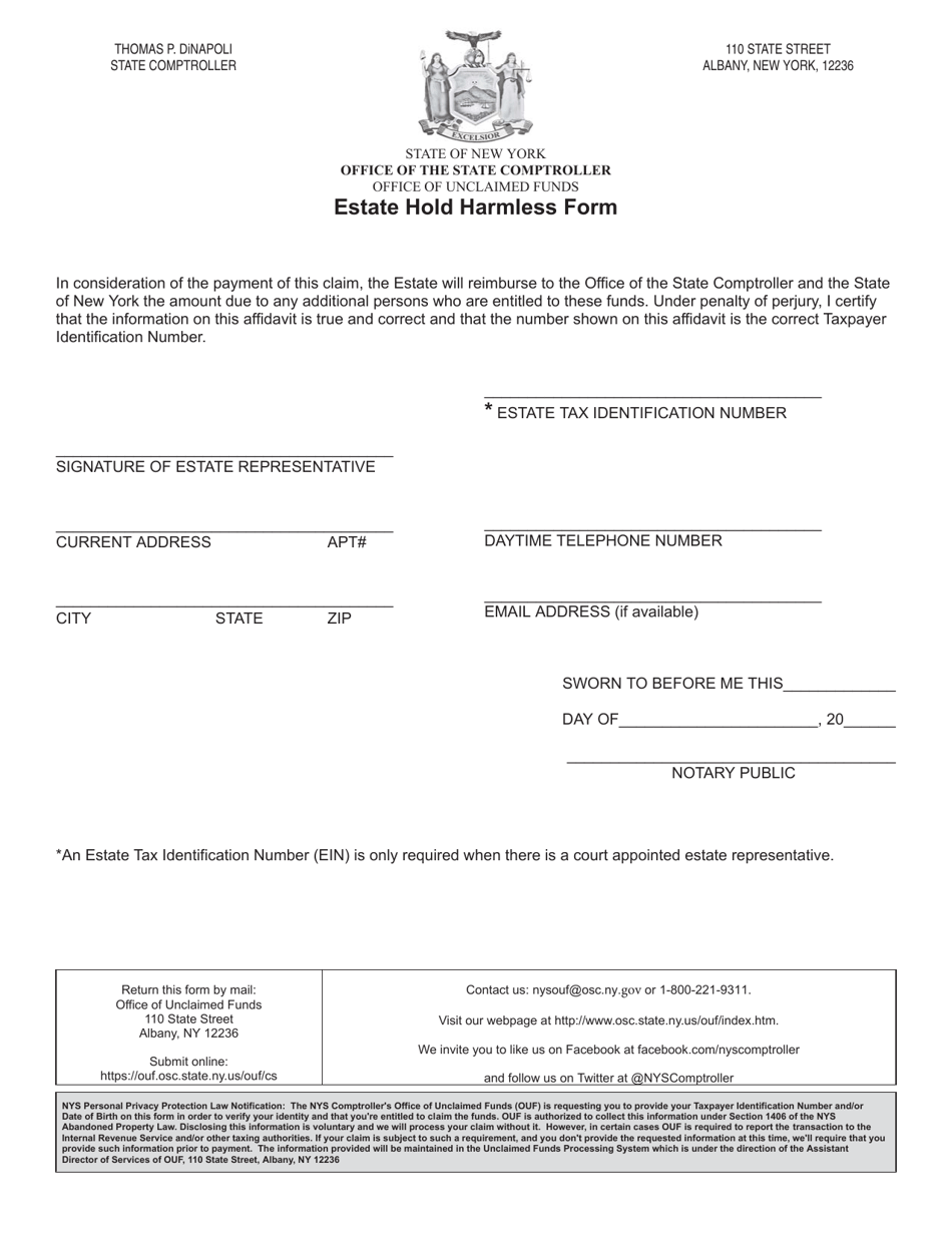New York Estate Hold Harmless Form Download Printable PDF | Templateroller