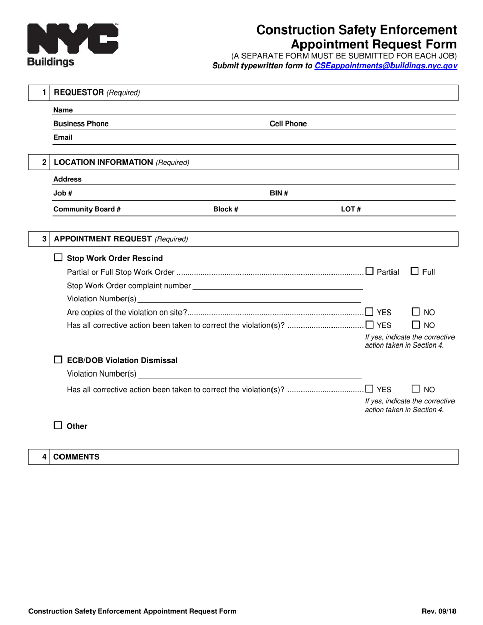 Construction Safety Enforcement Appointment Request Form - New York City, Page 1