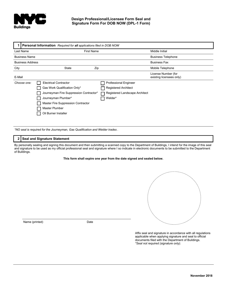 Form DPL-1 Design Professional / License Form Seal and Signature Form for Dob Now - New York City, Page 1
