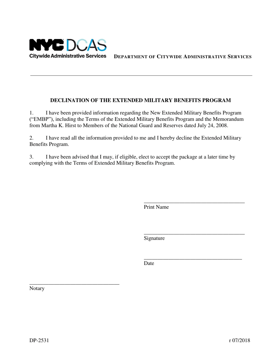 Form DP-2531 Declination of the Extended Military Benefits Program - New York City, Page 1