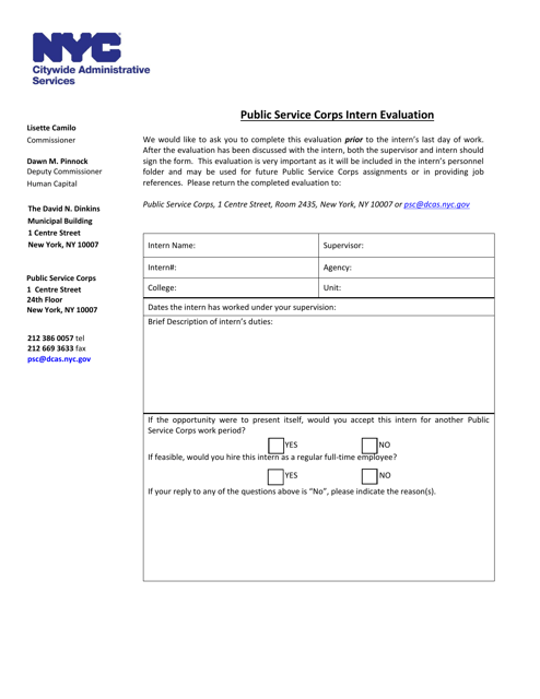 Public Service Corps Intern Evaluation - New York City Download Pdf